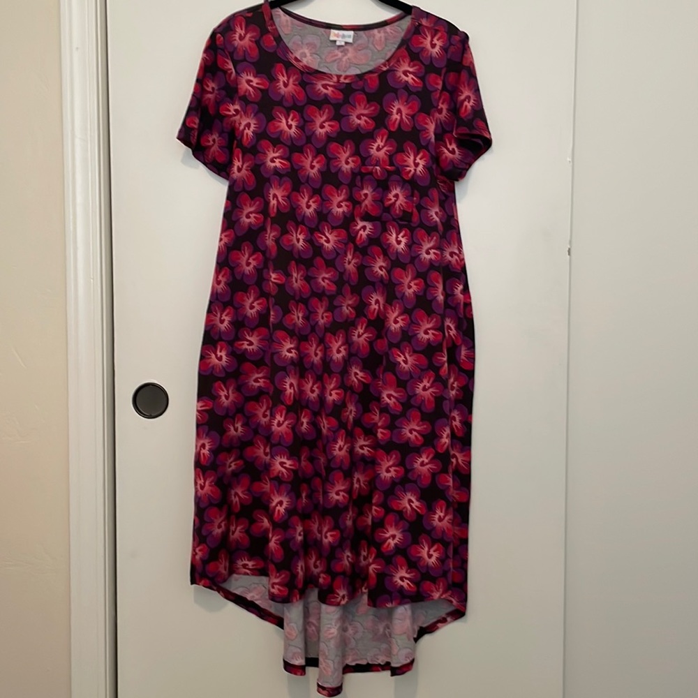 LuLaRoe Carly Dress: Black with Pink and Purple Flowers (S)